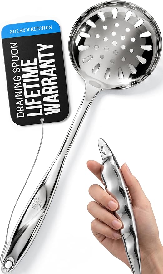 Zulay Kitchen Stainless Steel Slotted Spoon - 14.5” Large Skimmer Frying Spoon for Draining & Serving - Heat-Resistant, Rust-Proof & Dishwasher Safe Kitchen Utensil for Everyday Use
