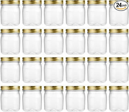 novelinks 8 oz Clear Plastic Jars with Airtight Lids, 24 Pack Plastic Mason Jars with Lids 8oz, Refillable Storage Slime Containers & Small Spice Jar for Kitchen Organization (24 Pack,Gold)