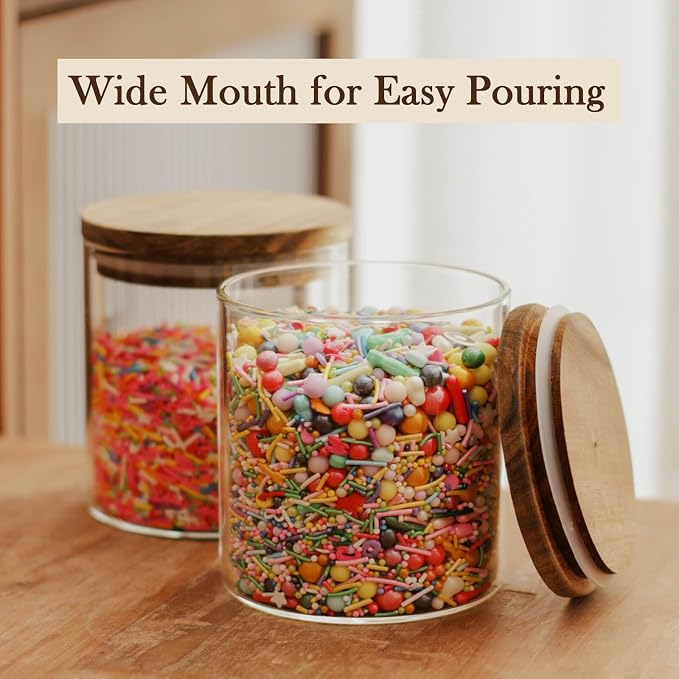 Labina Glass Storage Container Airtight Food Jars Kitchen Canister with Wood Lids, 20 Oz Wide Mouth Pantry Organization Glass Jar for Flour, Sugar, Cookie, Spagetti, Nuts and Candy