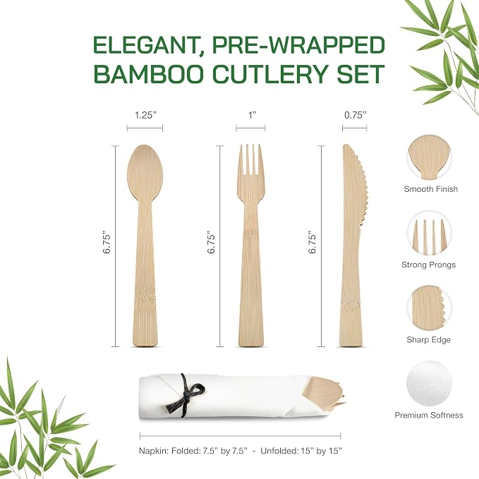 Black Bamboo Silverware Set 150 Pack, Prerolled Cutlery with Black String Napkin Bundle, Disposable Bamboo Utensils for Catering, Large Events and Weddings (Fork Knife Spoon)