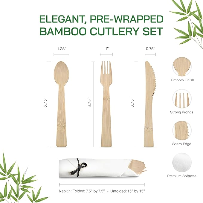 Black Bamboo Silverware Set 25 Pack, Prerolled Cutlery with Black String Napkin Bundle, Disposable Bamboo Utensils for Weddings, Parties and Events (Fork Knife Spoon)