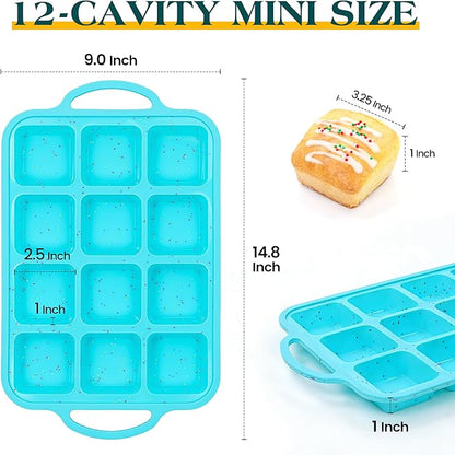KASHME 1 Pc Silicone Brownie Pans With Dividers, 12-Cavity Non Stick All Edges Mini Brownie Baking Pan With Metal Frame, Square Muffin Pan For Oven, Aqua