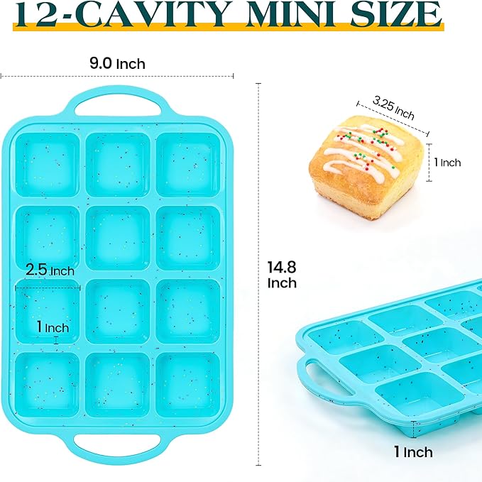 KASHME 2Pcs Silicone Brownie Pans With Dividers, 12-Cavity Non Stick All Edges Mini Brownie Baking Pan With Metal Frame, Square Muffin Pan For Oven, (Aqua、Cream)