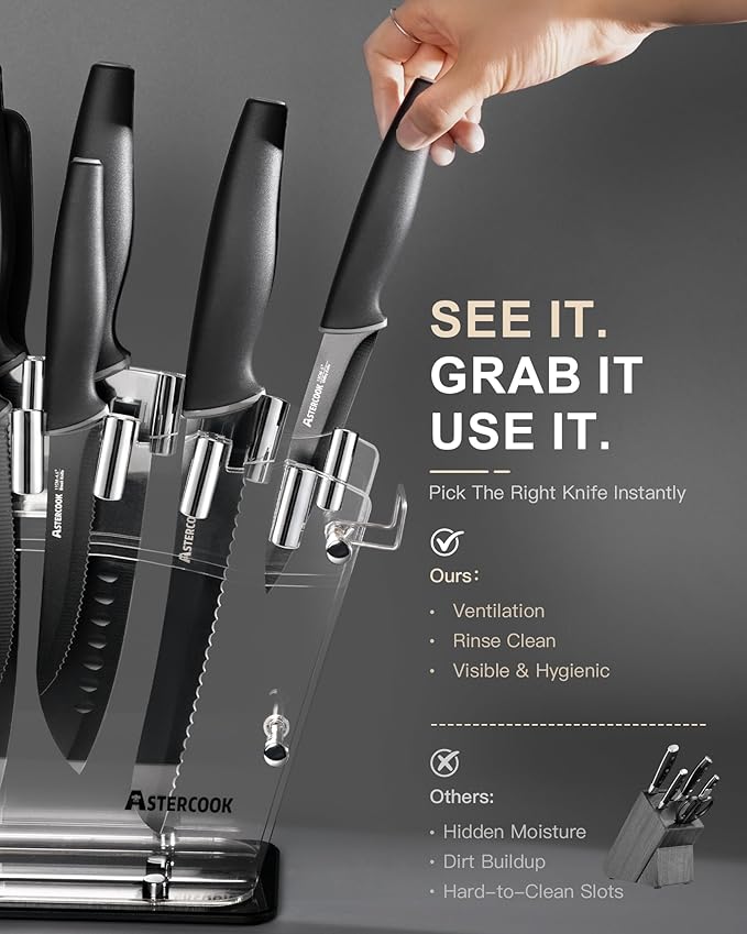 Astercook Knife Set with Block and Sharpener, 22 Piece Kitchen Knife Set Dishwasher Safe, Space-Saving Clear Knife Block with Knives for Everyday Home Cooking Black
