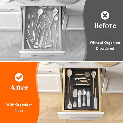 Lifewit Silverware Drawer Organizer, Expandable Utensil Tray for Kitchen, BPA Free Flatware and Cutlery Holder, Adjustable Plastic Storage for Spoons Forks Knives, 4-7 Slots, Black