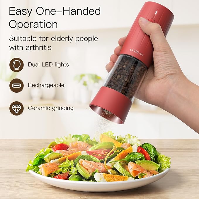 Ultrean Electric Salt and Pepper Grinder Set, USB-C Rechargeable, Salt and Pepper Shakers Spice Mill with 6 Adjustable Coarseness LED Light Larger Capacity, Kitchen Gadget, Gift for Women Mom, Red