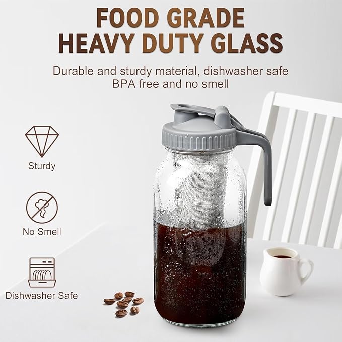 OneDream Cold Brew Coffee Maker, 2 Pack 64oz Stainless Steel Filter Cold Brew Pitcher Jar, No Leaks Cold Brew Mason Jar Coffee Maker, Easy to Clean Cold Coffee Maker