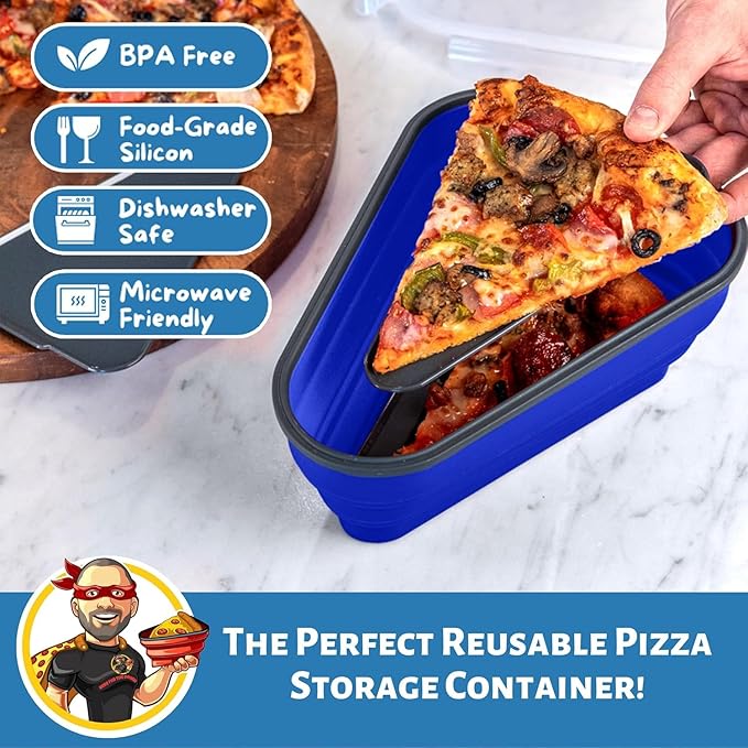 PIZZA PACK The Perfect Reusable Pizza Storage Container with 5 Microwavable Serving Trays - BPA-Free Adjustable Pizza Slice Container to Organize & Save Space, 4 Pack, Blue