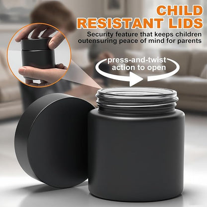 Smell Proof Jar(4 oz),4 Pack Air Tight Herb Container,Thick UV Resistant Jar with Child-Resistant Lid,Black Glass Storage Jars for Coffee/Herb/Tea