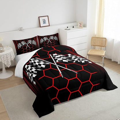 Manfei Extreme Sports Theme Comforter Set with 2 Pillowcases,Checkered Flag Super Soft Microfiber Bedding Set for Adults Teens,Red Honeycomb Geometric Duvet Set for Room Decor,King