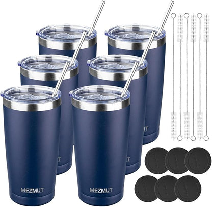 MEZMUT 20oz Tumbler Coffee Travel Mug with Lid and Straw, 6 Pack Stainless Steel Double Wall Vacuum Spill Proof Insulated Tumbler, Hot or Iced Coffee Cups for Drinks (6Pcs, Navy Blue)