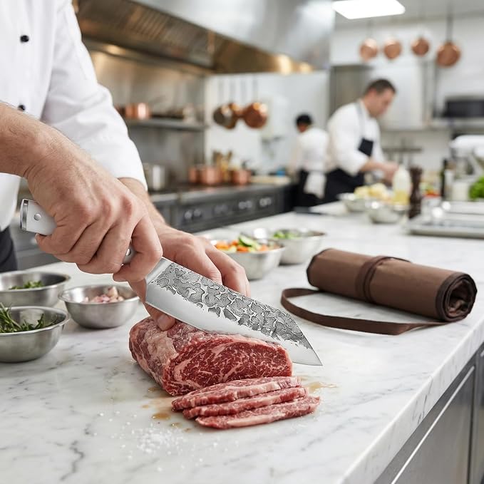 KOFERY Hand Forged Damascus Steel Butcher Knife Set with Knife Roll for Meat Cutting, Grilling & Smoking Meat, Essential BBQ Kit for Outdoor Camping, Pit Master Gifts for Men with White Handles