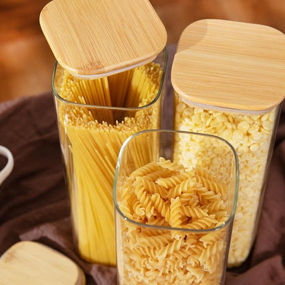 D2scrma 71oz Glass Square Storage Containers with Bamboo Lids Set of 3 (2100ml) Tall Food Storage Canisters Kitchen Jars for Pantry Organization Pasta, Penne, Macaroni, Lasagna, Fusilli