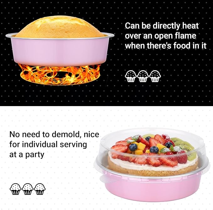 Beasea Aluminum Cupcake Pans With Lids, 100 Pack 7.3oz Disposable Pie Pans For Cake, 4 Inch Aluminum Pie Tart Baking Cups Tins Round Oven Mini Cake Pan For Tart Quiche Dessert - Pastel Pink