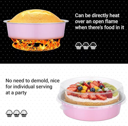 Beasea Aluminum Cupcake Pans With Lids, 100 Pack 7.3oz Disposable Pie Pans For Cake, 4 Inch Aluminum Pie Tart Baking Cups Tins Round Oven Mini Cake Pan For Tart Quiche Dessert - Pastel Pink