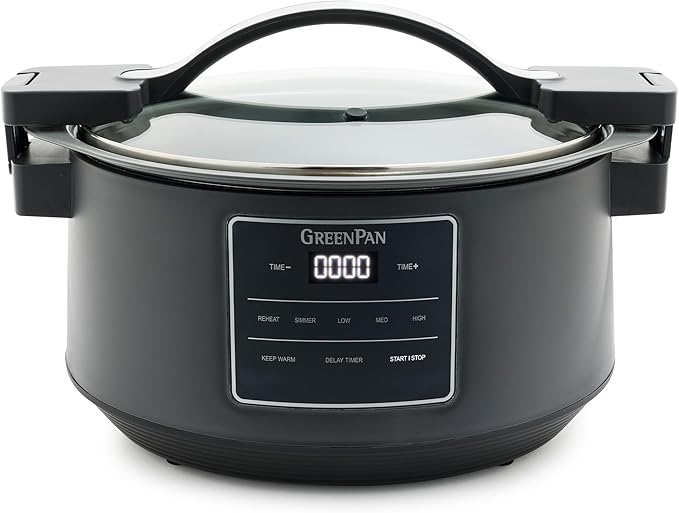 GreenPan 8QT Locking Lid Slow Cooker, Ceramic Nonstick PFAS-Free Removeable Bowl, Silicone & Glass Rim, Travel Friendly, Multi-Cooker, Stovetop Searing & Oven Safe 400°F Dishwasher Safe Parts,Graphite