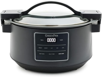 GreenPan 8QT Locking Lid Slow Cooker, Ceramic Nonstick PFAS-Free Removeable Bowl, Silicone & Glass Rim, Travel Friendly, Multi-Cooker, Stovetop Searing & Oven Safe 400°F Dishwasher Safe Parts,Graphite