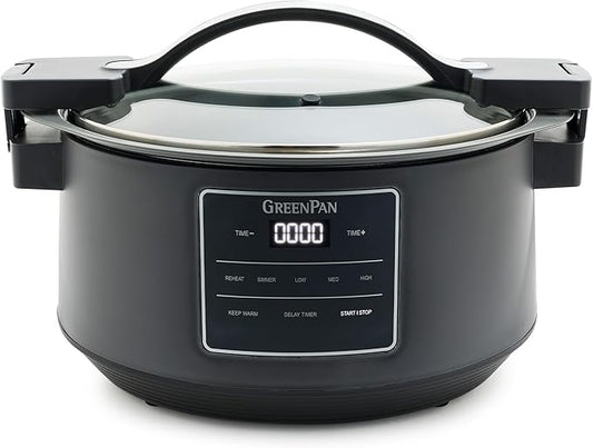 GreenPan 8QT Locking Lid Slow Cooker, Ceramic Nonstick PFAS-Free Removeable Bowl, Silicone & Glass Rim, Travel Friendly, Multi-Cooker, Stovetop Searing & Oven Safe 400°F Dishwasher Safe Parts,Graphite