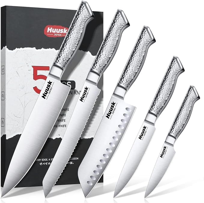 Huusk Chef Knife Set of 5, Japanese Stainless Steel Knife Set Dishwasher Safe, Ultra Sharp Kitchen Knives Sets with Ergonomic Anti-slip Handle, Professional Cooking Knives Sets, Fathers' Day Gift