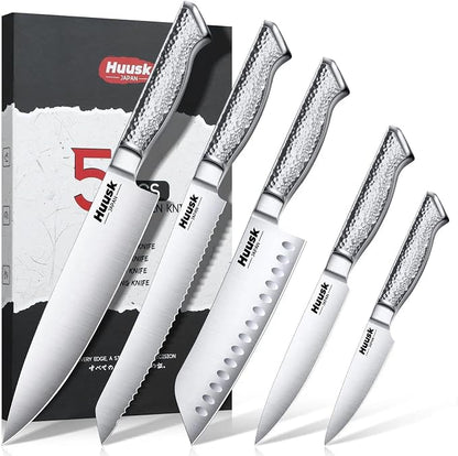 Huusk Chef Knife Set of 5, Japanese Stainless Steel Knife Set Dishwasher Safe, Ultra Sharp Kitchen Knives Sets with Ergonomic Anti-slip Handle, Professional Cooking Knives Sets, Fathers' Day Gift