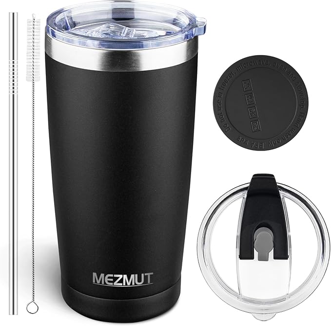 MEZMUT 20oz Tumbler Coffee Travel Mug with Daul Lid and Straw, Stainless Steel Double Wall Vacuum Spill Proof Insulated Tumbler, Hot or Iced Coffee Cups for Drinks (1Pack, Black)
