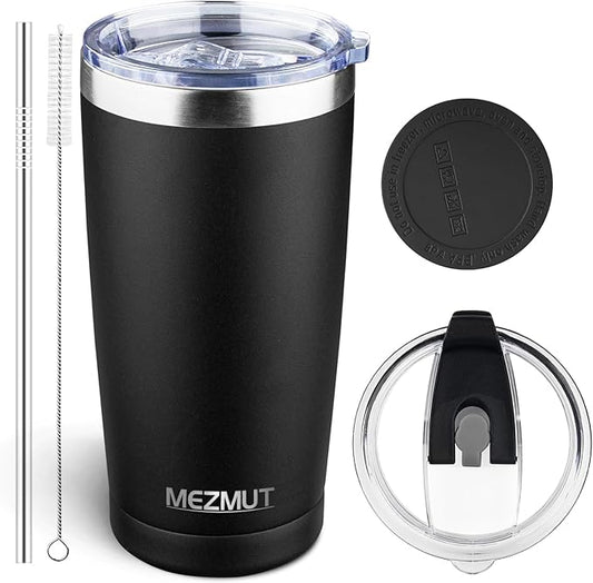 MEZMUT 20oz Tumbler Coffee Travel Mug with Daul Lid and Straw, Stainless Steel Double Wall Vacuum Spill Proof Insulated Tumbler, Hot or Iced Coffee Cups for Drinks (1Pack, Black)