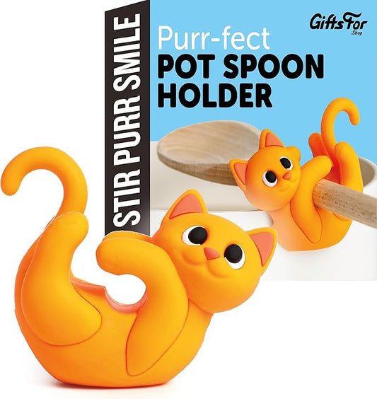 Orange Cat Spoon Rest for Stove Top – Silicone Pot Clip Utensil Holder & Lid Lifter – Funny Kitchen Gadget, Unique Orange Tabby Cat Gifts for Women – 3" x 2.5"