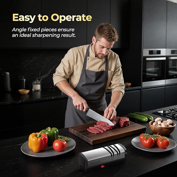 Narcissus Knife Sharpener, Protable Diamond Electric Knife Sharpener for Stainless Steel and Ceramic Knives, with Scissors Sharpener & Metal Dust Collection Box, Quick Sharpening & Polishing, Silver