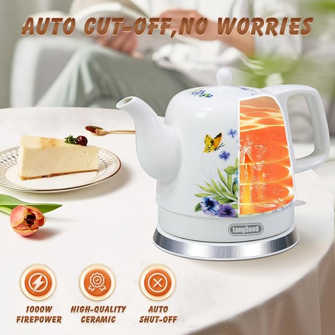 Ceramic Electric Kettle, 1.2L/1000W Boil Water Quickly and Easily,Boil-Dry Protection,Auto Shut Off, Detachable Swivel Base,Hot water kettle for Coffee & Tea