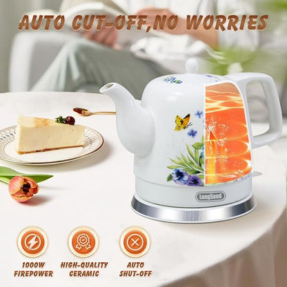 Ceramic Electric Kettle, 1.2L/1000W Boil Water Quickly and Easily,Boil-Dry Protection,Auto Shut Off, Detachable Swivel Base,Hot water kettle for Coffee & Tea