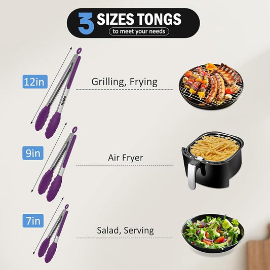 Kitchen Tongs, Stainless Steel Cooking Tongs with Silicone Tips, 600ºF High Heat-Resistant Non Scratch Locking Tongs for Cooking BBQ Grilling Air Fryer Pans, Set of 3 (7" 9" and 12") Purple