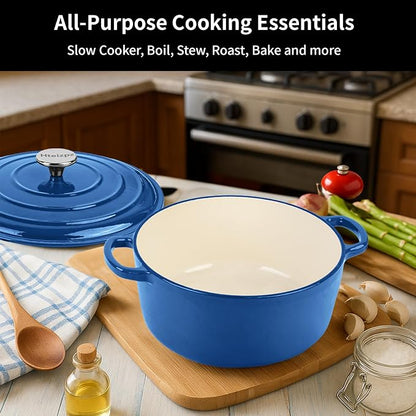 Enameled Cast Iron Dutch Oven Pot with Lid, 3.9 Quart Dutch Oven for Bread Baking, Oven Safe up to 500° F, Suitable for Bread Baking, Braising, Roasting, Stews, Blue