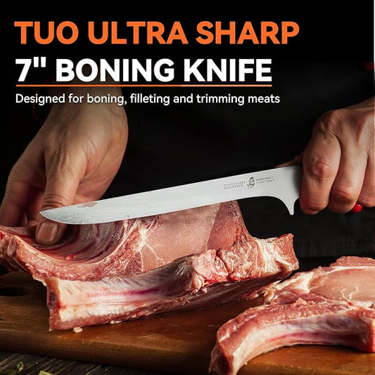 TUO Boning Knife - 7 inch Fillet Knife Flexible Kitchen Knives - German HC Steel Blade for Poultry and Fillet Fish - Full Tang Pakkawood Handle - BLACK HAWK SERIES with Gift Box