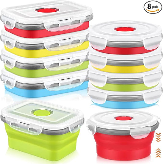 8 Pcs Small Silicone Collapsible Food Storage Containers with Airtight Lids Stacking Silicone Meal Prep Lunch Containers for Kitchen, Traveling, Leftover, Microwave Freezer Dishwasher Safe, 4 Colors