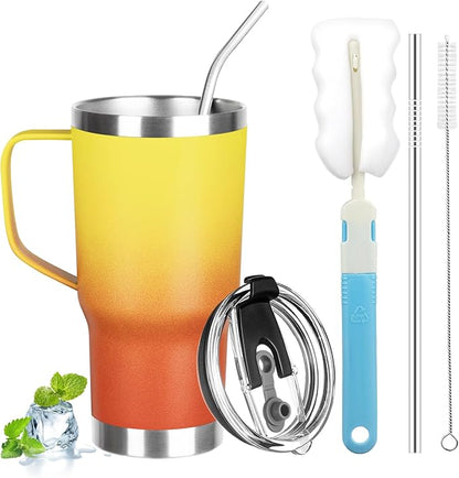 20 oz Tumbler with Handle, Stainless Steel Insulated Tumbler with Lid and Straw, Double Wall Vacuum Coffee Mug Tumbler, Insulated Coffee Thermal Cup for Cold and Hot (Yellow Orange, 20 Ounces)