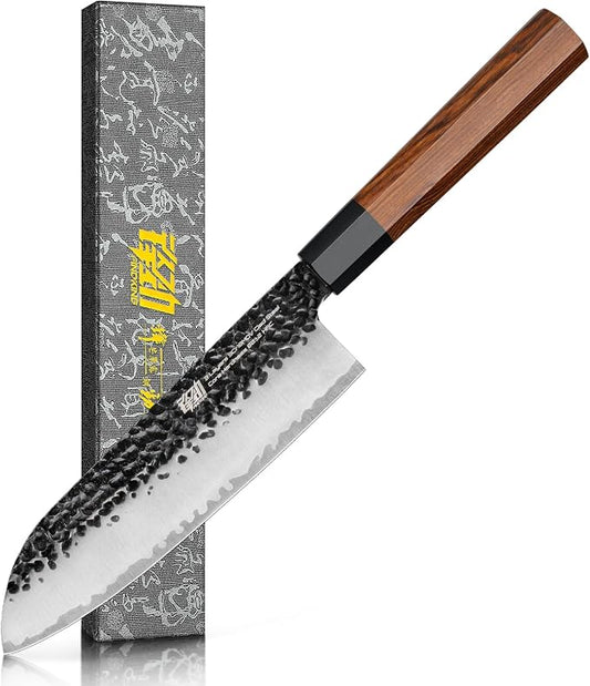 FINDKING Japanese Santoku Knife 7 Inch, Multipurpose Japanese Chef Knife with High Carbon Steel Blade, Rosewood Octagonal Handle, for Meat, Fish, Fruits and Vegetables, Dynasty Series