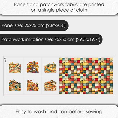 Patchwork Autumn Landscape Cotton Fabric Panel – 6 Designs (10×10 inch Each) + Bonus Sheet 29.5×19.6 inch, 100% Cotton 140 GSM, Made in Türkiye