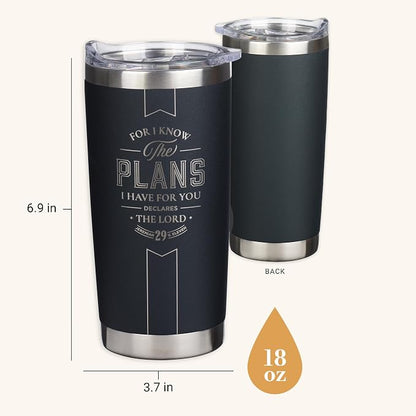 Christian Art Gifts Large Stainless Steel Inspirational Travel Tumbler for Men & Women: Know the Plans Encouraging Bible Verse, Engraved Double Wall Vacuum Insulated, Lid, 24hr Hot/Cold, Black, 18 oz.