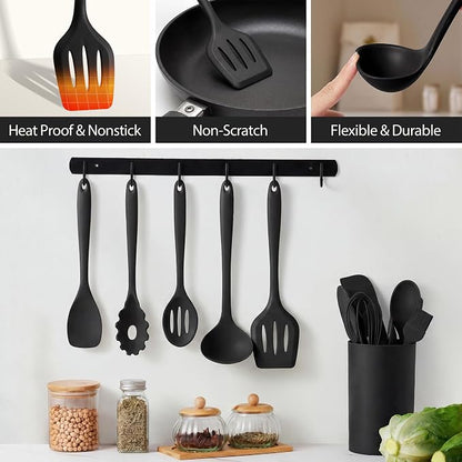 LIANYU 14 Pcs Silicone Kitchen Utensils Set with Holder, 446°F Heat Resistant Silicone Cooking Kitchen Utensils Spatula Set, Non-Stick & Dishwasher Safe Cooking Tools, Comfort Grip Handle, Black