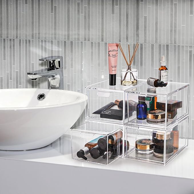 Foraineam 4 Pack Stackable Storage Containers Makeup Organizer Drawers, Acrylic Storage Bins with Pull-Out Drawers, Clear Plastic Cosmetic Display Case For Vanity, Cupboard, Pantry, Kitchen Cabinet