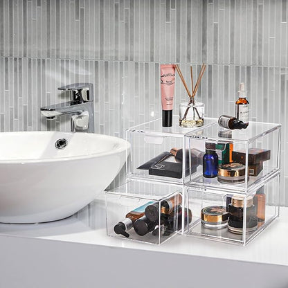 Foraineam 4 Pack Stackable Storage Containers Makeup Organizer Drawers, Acrylic Storage Bins with Pull-Out Drawers, Clear Plastic Cosmetic Display Case For Vanity, Cupboard, Pantry, Kitchen Cabinet