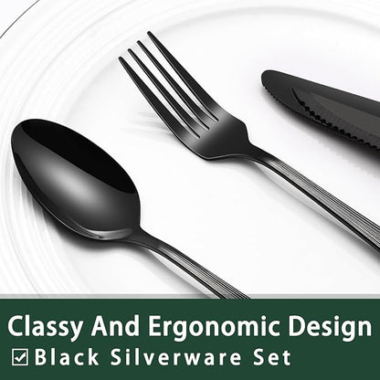 EWFEN 24-Piece Black Silverware Set with Steak Knives, Black Flatware Set for 4, Food-Grade Stainless Steel Tableware Cutlery Set, Mirror Finished Utensil Sets for Home Restaurant, Roman Column