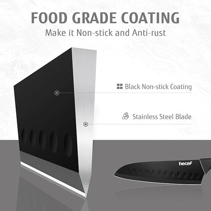 hecef Black Kitchen Knife Set of 3, Sharp Knives with Stainless Steel Blade, Lightweight Handle, Non-stick Coating Set Includes 7", 5", 3.5" Knives