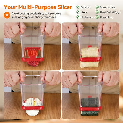 2 Pack Fruit Slicer Cup for Strawberry, Banana, Hard-Boiled Egg - Detachable Cutter with Push Plate - Rapid & Safe Slicing Kitchen Gadget for Quick Meal Prep(Black + Red)