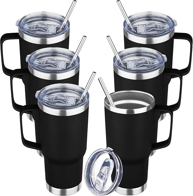 20 oz Tumbler with Handle Stainless Steel Insulated Coffee Tumbler with Lid and Straw Double Wall Vacuum Insulated Coffee Mug Leak Proof Travel Mug Tumbler for Hot and Cold Drink (Black,6pack)