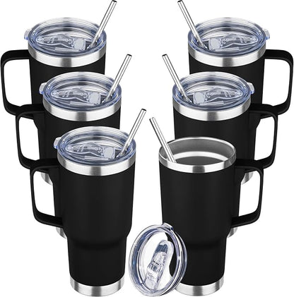 20 oz Tumbler with Handle Stainless Steel Insulated Coffee Tumbler with Lid and Straw Double Wall Vacuum Insulated Coffee Mug Leak Proof Travel Mug Tumbler for Hot and Cold Drink (Black,6pack)