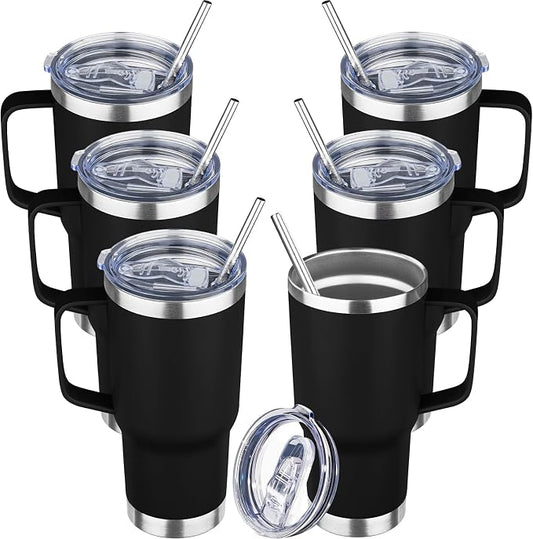 20 oz Tumbler with Handle Stainless Steel Insulated Coffee Tumbler with Lid and Straw Double Wall Vacuum Insulated Coffee Mug Leak Proof Travel Mug Tumbler for Hot and Cold Drink (Black,6pack)