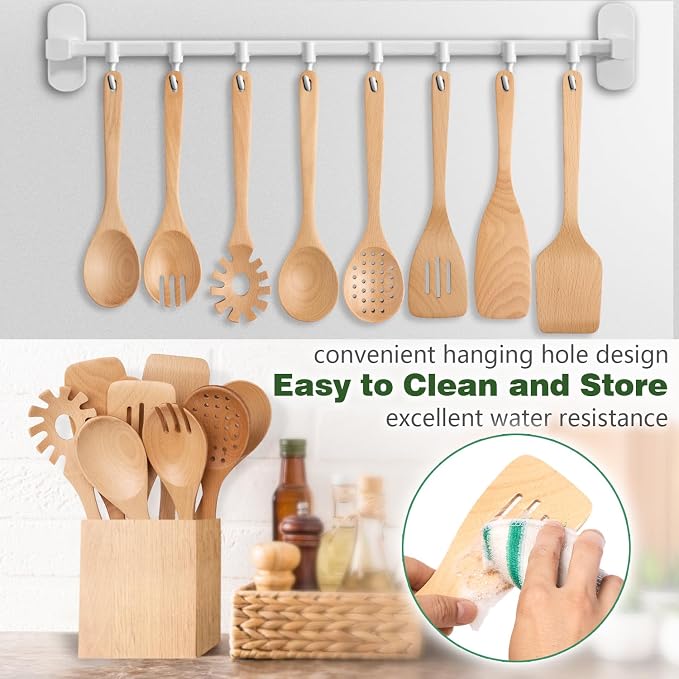HOWHONG Wooden Spoons for Cooking, Beech Wood Kitchen Utensil Set, Premium Handmade Wooden Cooking Utensils for Nonstick Cookware, Heat Resistant, Smooth Finish, Comfortable Grip, 8 Piece