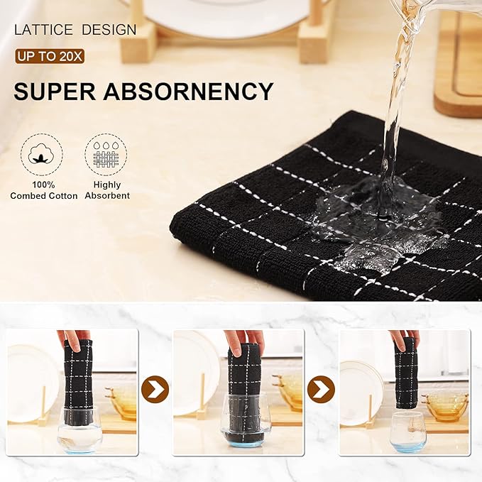 Mordimy 100% Cotton Terry Cloth Kitchen Towels, Super Soft and Absorbent Dish Towels for Drying, Checkered Designed Hand Towels for Kitchen, 16 x 26 Inches, 8 Pack, Black