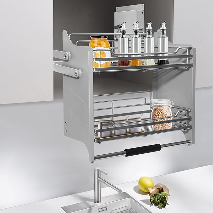 22in Pull Down Shelf, 2-Tier Pull Down Shelf for Upper Cabinets, Kitchen Spice and Dishes Pull-Out Storage Shelf, High Cabinet Organizer Large Storage Space for Snack, Bowl (Dark Grey)